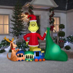 6.5 Ft Christmas Inflatable Grinch with Train & Santa Sack - Dr. Seuss